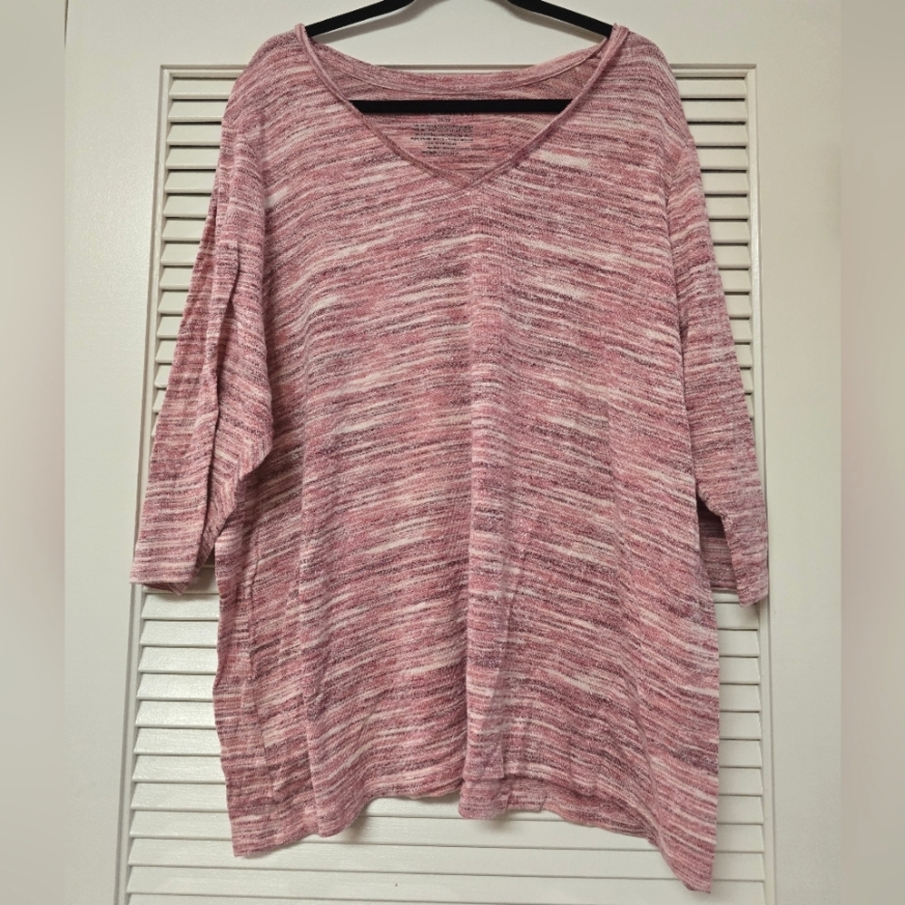Lane Bryant - (Plus-Size) Pink & White V-Neck Long-Sleeve Top